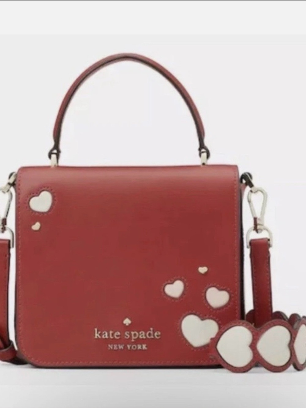kate spade red leather top-handle crossbody with white heart accents